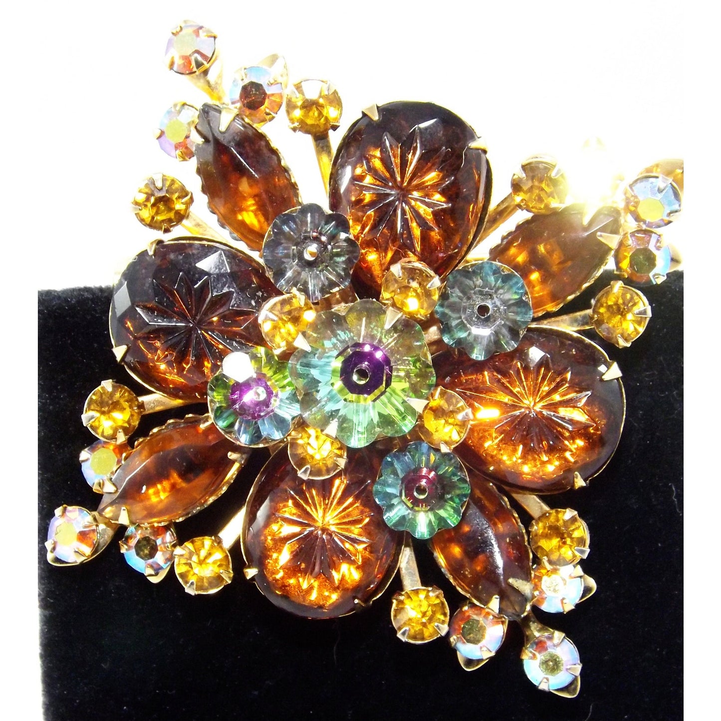 Vintage Beau Jewels Root Beer Molded Glass Watermelon Rhinestone Brooch Set