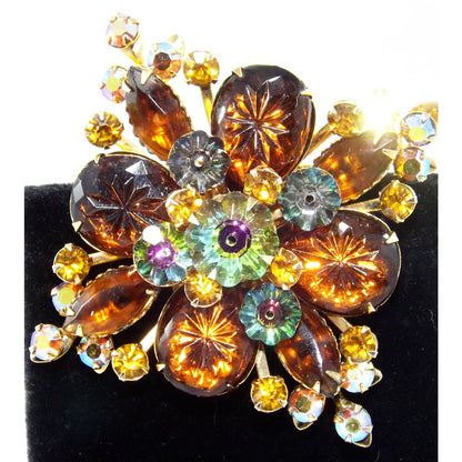 Vintage Beau Jewels Root Beer Molded Glass Watermelon Rhinestone Brooch Set
