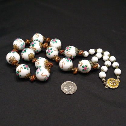 White Floral Lampwork Beaded Necklace, Hand Blown Glass, 1960s Vintage Jewelry