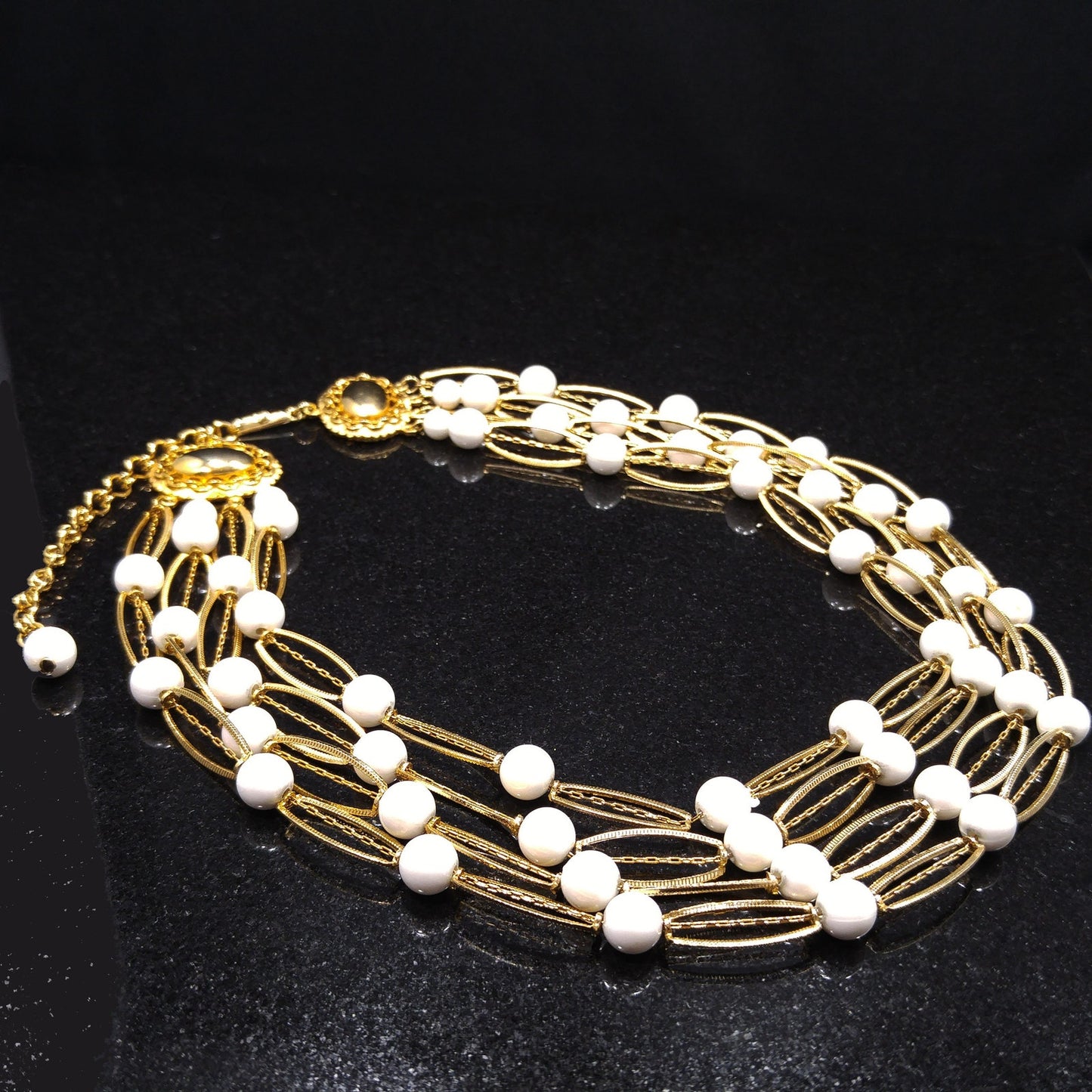 Kramer White Lucite 4 Strand Necklace, Gold tone, 1950s Vintage Jewelry