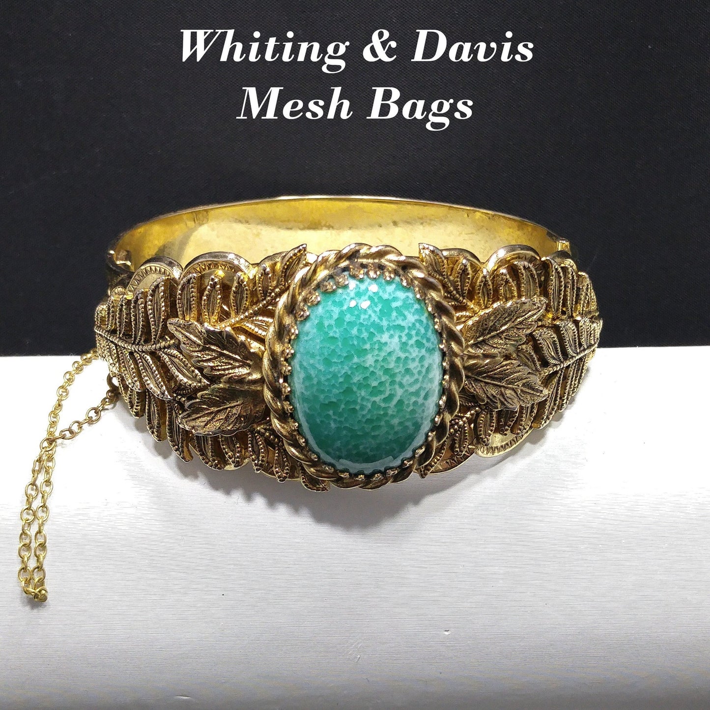 Whiting & Davis Gold Tone Cuff Bracelet Peking Glass Cabochon Leaves Vintage