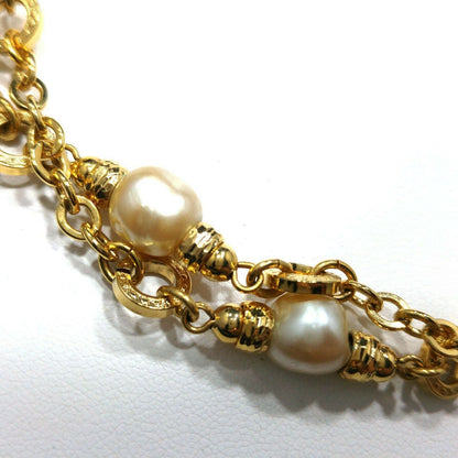 Vintage Monet Long Gold Chain Necklace Faux Pearls 1970s Sister Clasp 36"