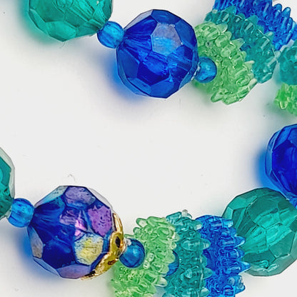 Vintage Hong Kong Early Plastic Two Strand Beaded Necklace, Green Blue Beads