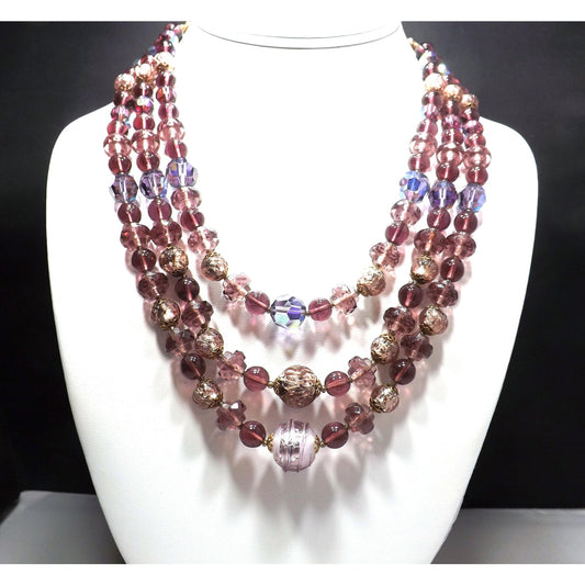 Art Glass Purple Gold Foil Beaded Necklace, Three Strands, 1960s Vintage Jewelry