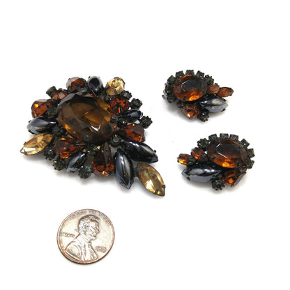 Vintage Weiss Japanned Topaz Rhinestone Brooch & Earrings