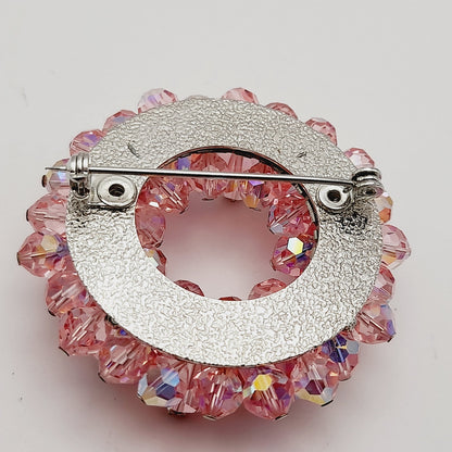 Vintage 1960s Pink Crystal Beaded Brooch Rhinestone Head Pin Accents