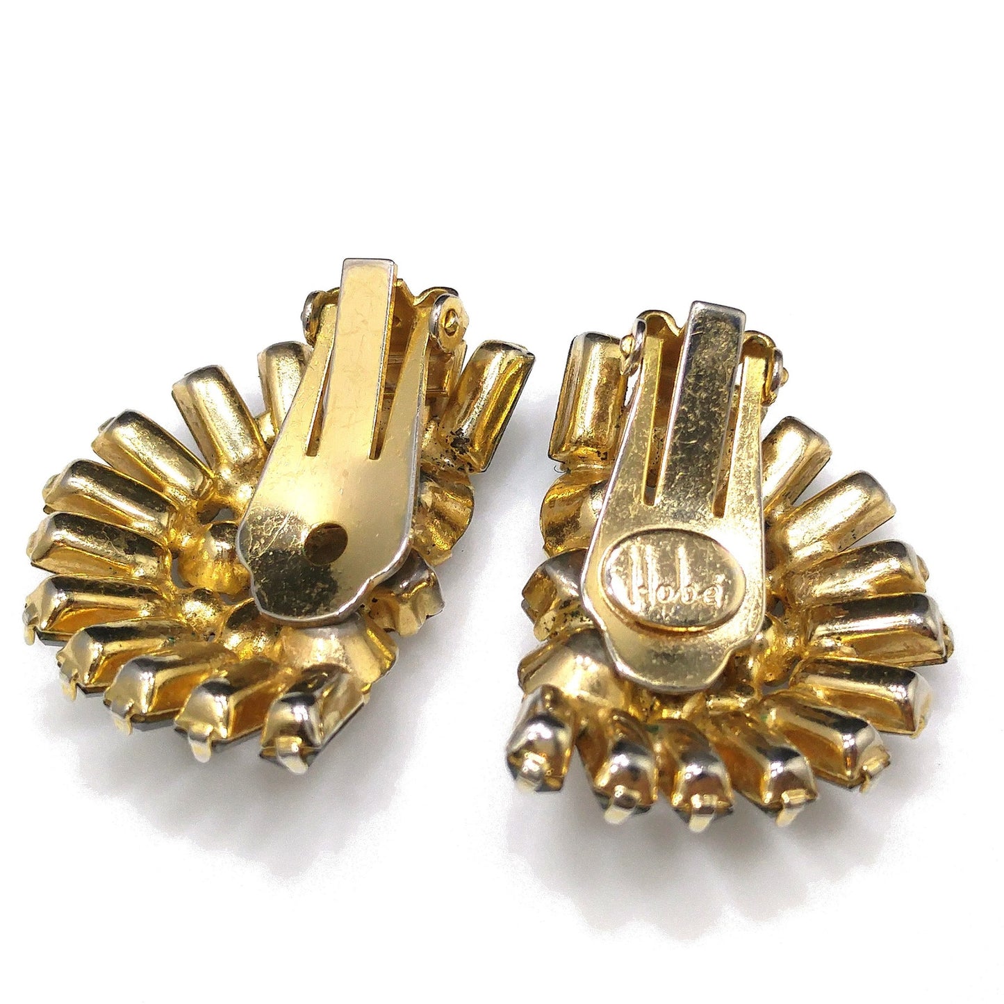 Hobe' Rhinestone Clip Earrings, Clear & Gray Rhinestones, Gold Plated, 1950s Vintage Jewelry