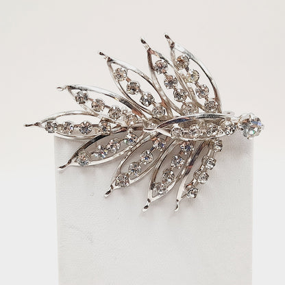 Vintage Clear Rhinestone Leaf Brooch Silver Tone Pin - 2 3/4 Inches Lightweight
