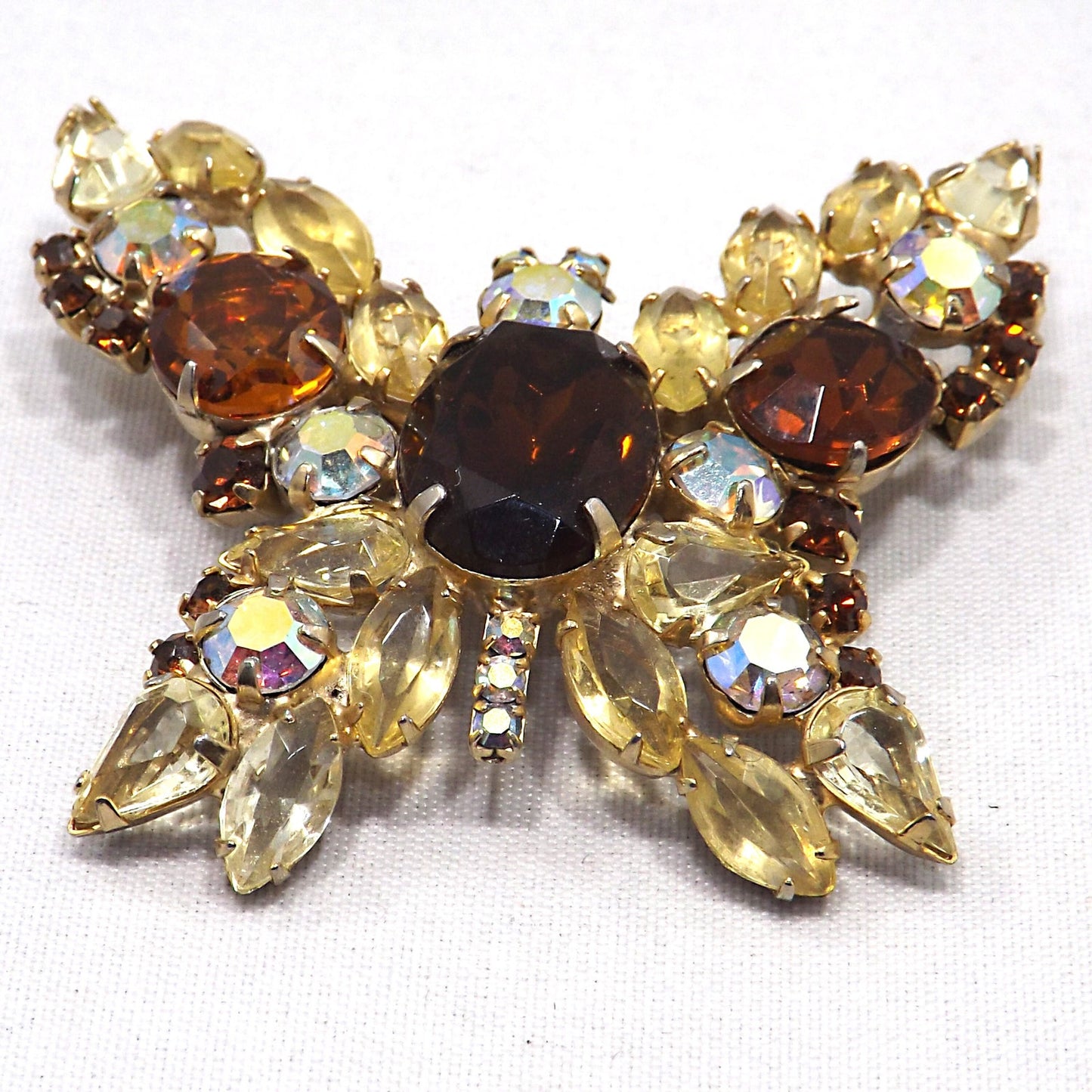 Vintage Butterfly Brooch D & E Juliana Style Rootbeer Rhinestones Yellow Open Back Aurora Borealis Rhinestones Gold Tone Vintage Jewelry