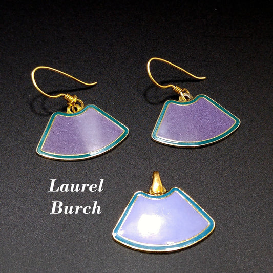 Laurel Burch Purple & Teal Earrings Pendant, Cloisonné Enamel, Gold Plated, 1980s Vintage Jewelry