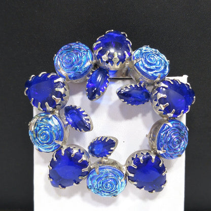 Cobalt Blue Iridescent Rose Wreath Brooch, Silver Tone, Prong Set Rhinestones, 1960s Vintage Jewelry