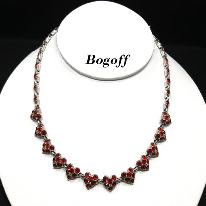 Vintage Bogoff Heart Red Rhinestone Choker Necklace, Rhodium Plated, 1950s