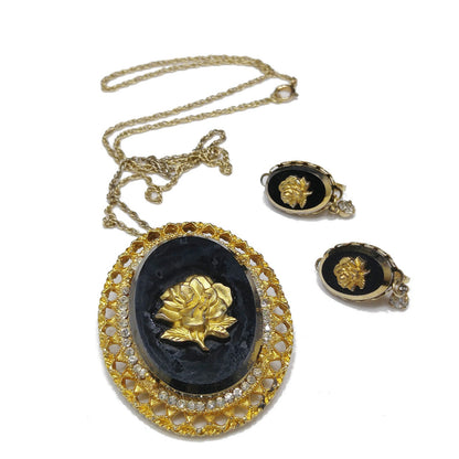 Celebrity Gold Rose Black Glass Brooch & Pendant, Matching Clip Earrings, 1970s Vintage Jewelry