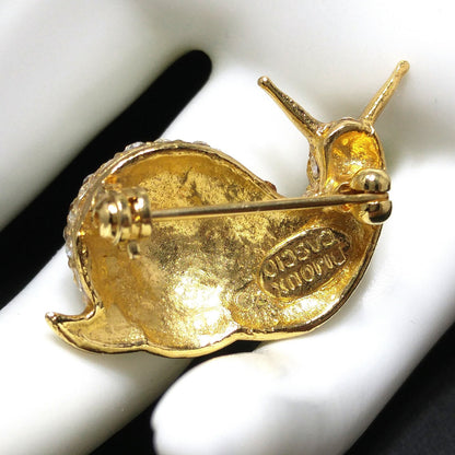 Bijoux Cascio Snail Small Brooch, Pave Clear Rhinestones, Green Eyes, 1970s Vintage Jewelry