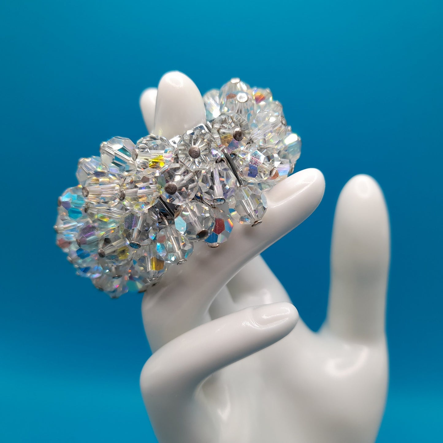 Vintage Japan Expandable Bracelet, Clear Crystal Beads, Cha Cha, 1960s Jewelry