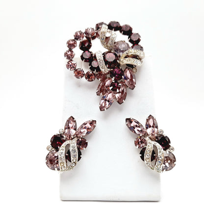 Vintage Eisenberg Purple Rhinestone Rhodium Plated Jewelry Set: Brooch Earrings