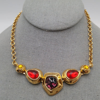 Monet Gold Plated Choker Necklace, Red Purple Glass Cabochons, 1980s Vintage Jewelry