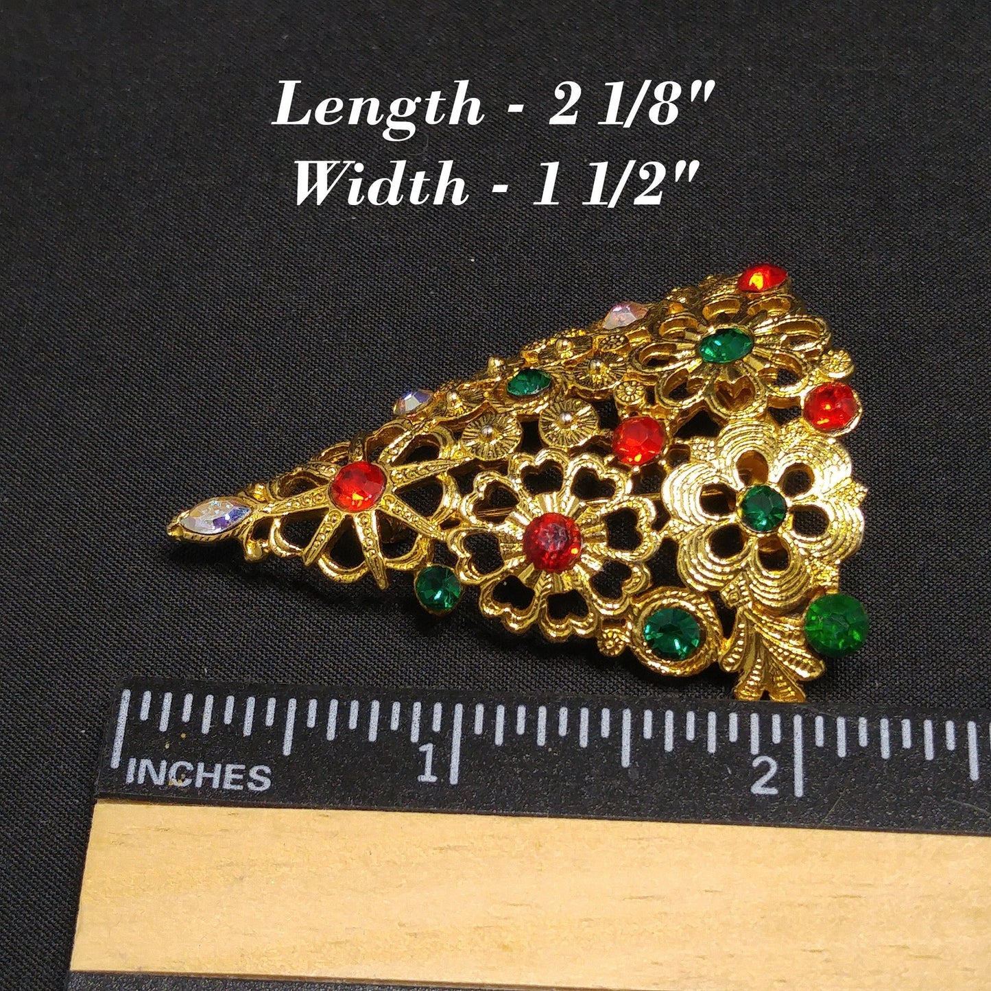 Mylu Christmas Tree Brooch, Gold Plated Floral Rhinestone Pin, 1960s Vintage Holiday Jewelry