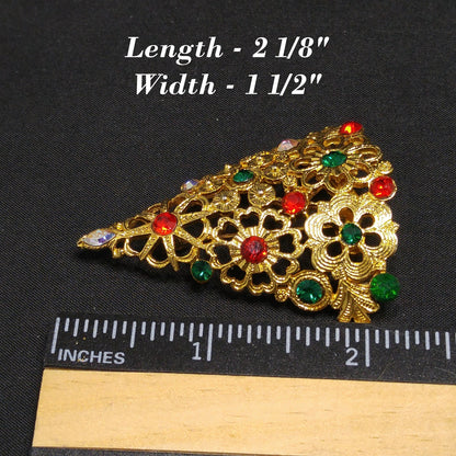 Mylu Christmas Tree Brooch, Gold Plated Floral Rhinestone Pin, 1960s Vintage Holiday Jewelry