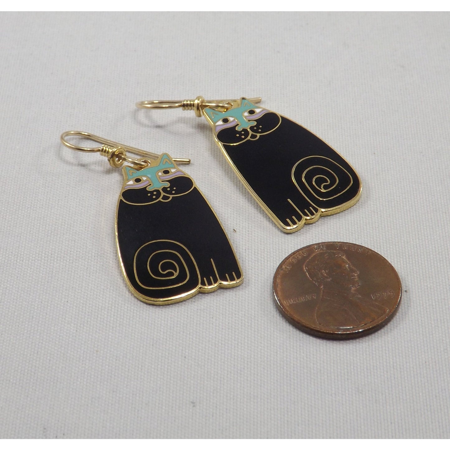 Laurel Burch "Olivia" Cat Earrings, Gold Plated, Black Enamel, 1980s Vintage