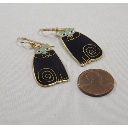 Laurel Burch "Olivia" Cat Earrings, Gold Plated, Black Enamel, 1980s Vintage