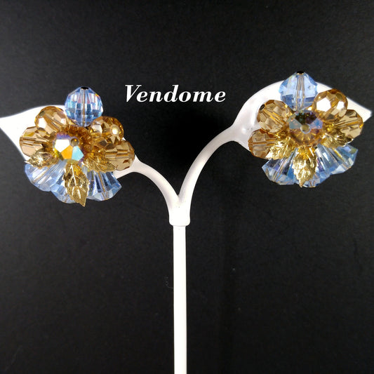 Vendome Blue & Gold Crystal Beaded Clip Earrings, Gold Plated, 1960s Vintage Jewelry