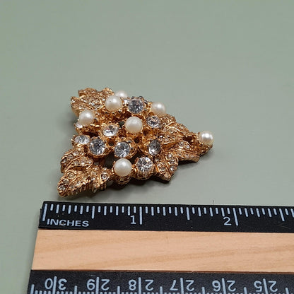 Vintage Hattie Carnegie Brooch, Faux Pearls, Pave Larger Rhinestones, Gold Plated, 1950s