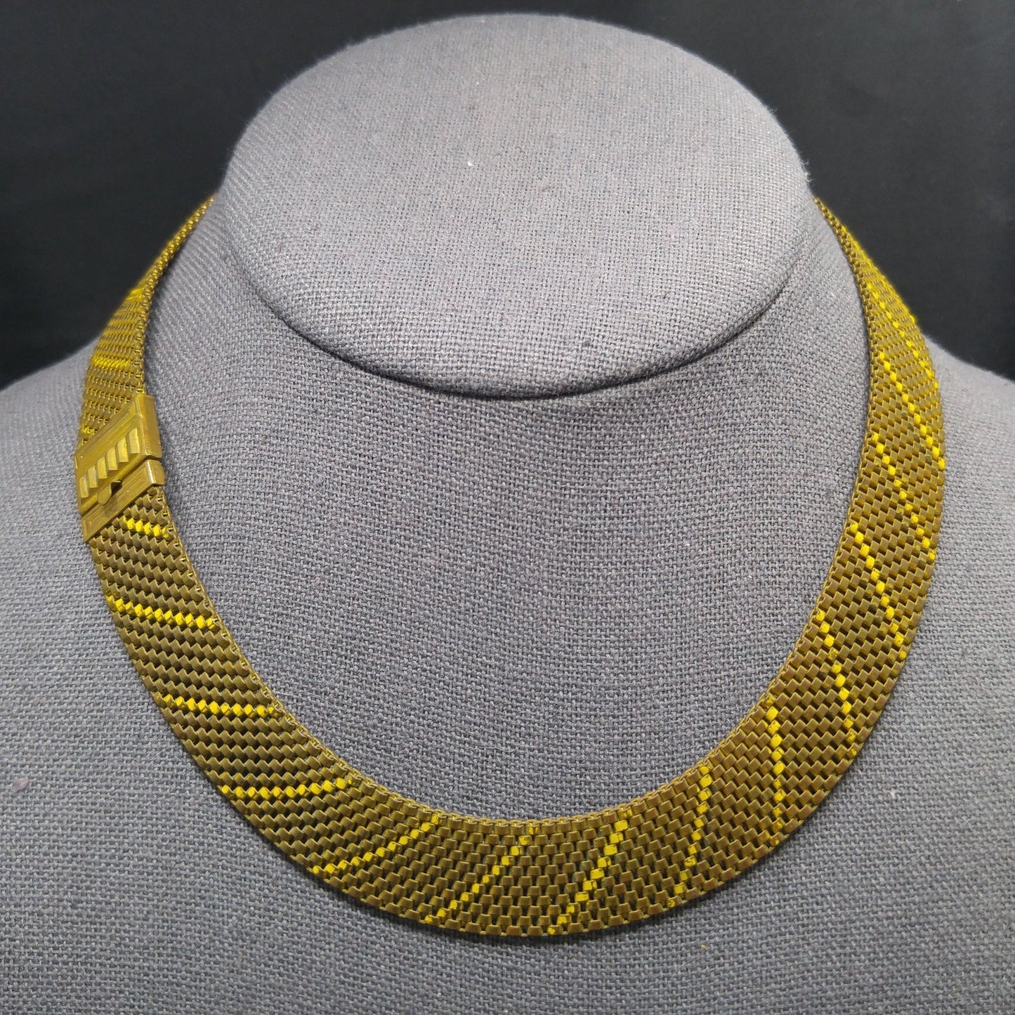 Art Deco Brass Mesh Necklace, Yellow Enamel, 1930s Vintage Jewelry