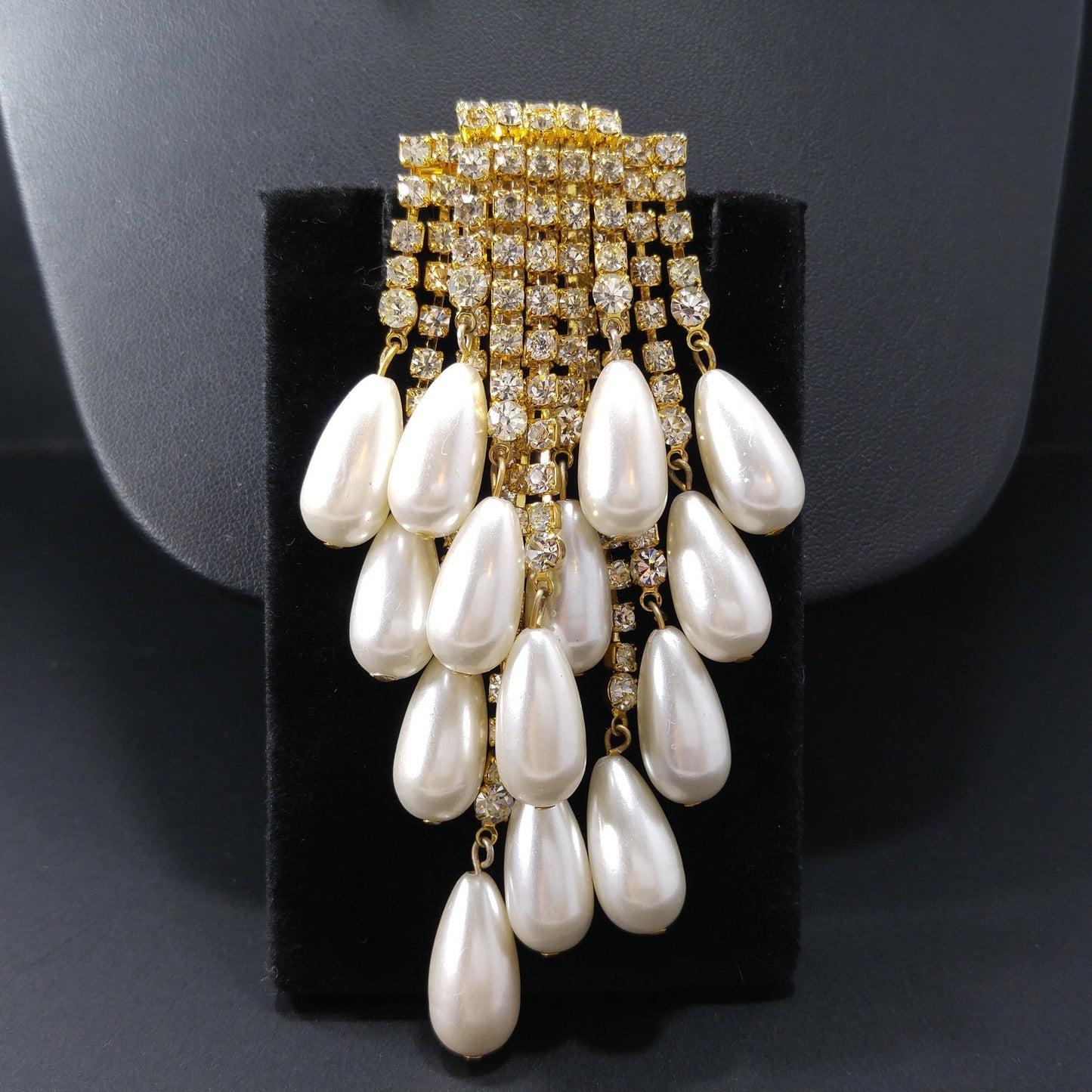 Vintage Rhinestone Gold Plated Brooch & Earrings, Faux Pearls, 1970s