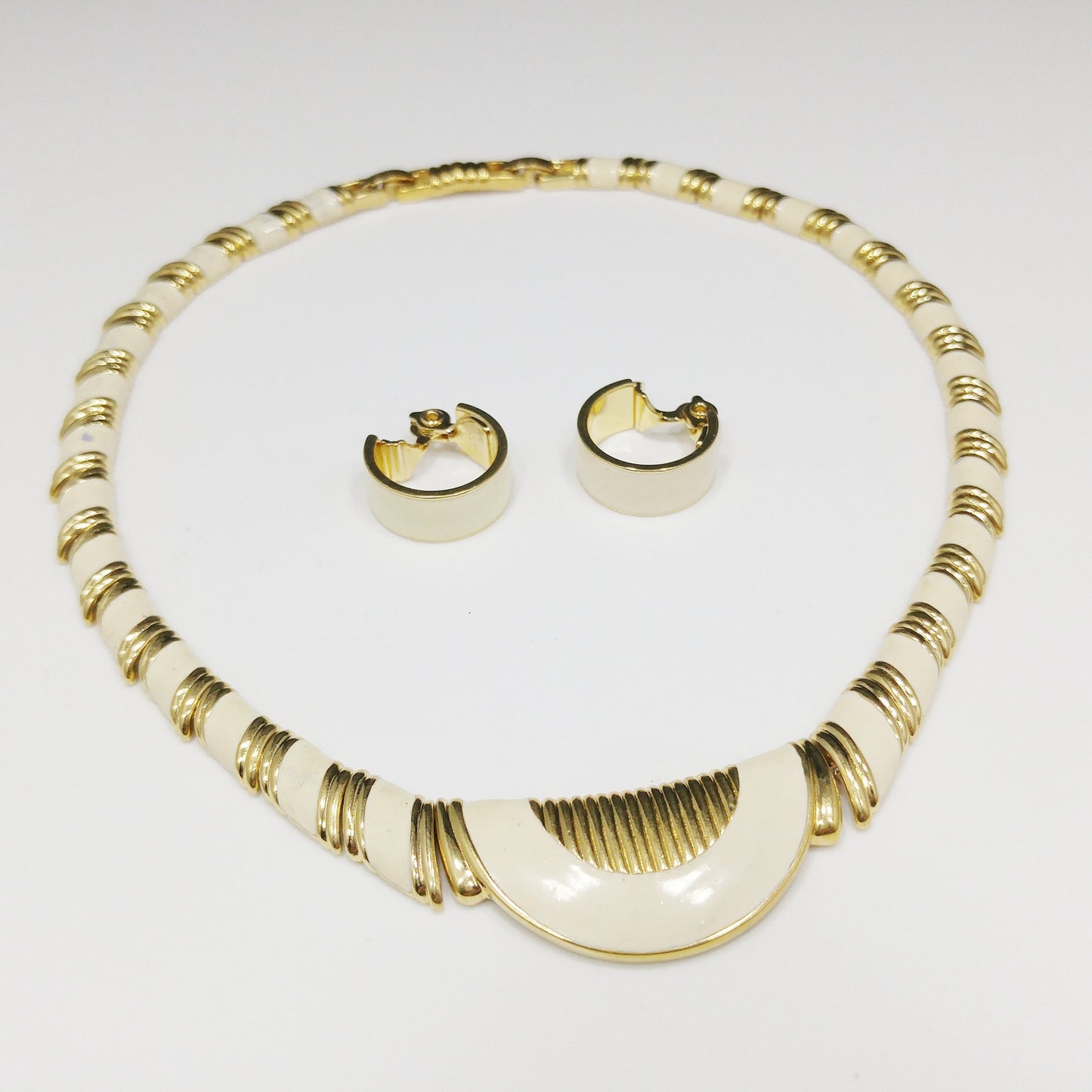 Monet Cream Enamel Gold Plated Necklace & Earrings, 1980s Vintage Jewelry