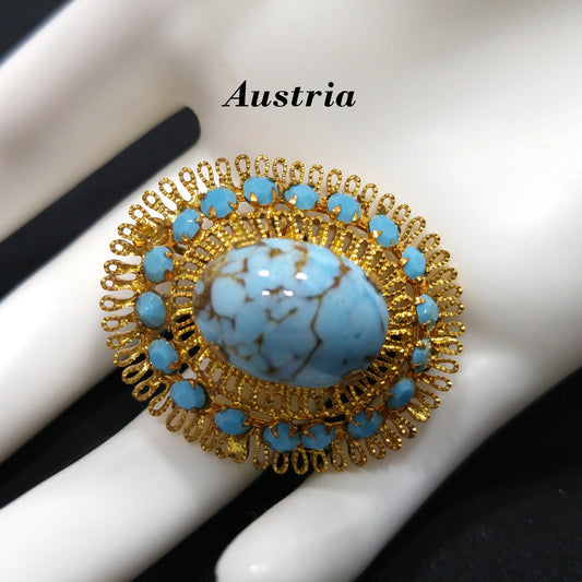 Austrian Turquoise Marbled Glass Brooch, Oval Cab Filigree, 1950s Vintage Jewelry
