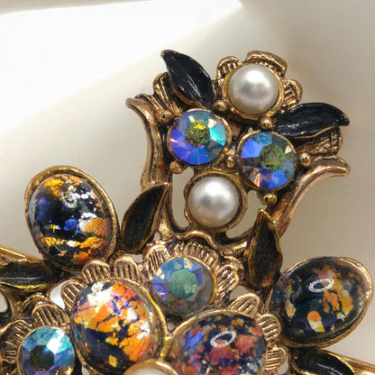 Vintage Maltese Cross Brooch, Foil Cabs, Faux Pearls AB Rhinestones, Vintage Jewelry