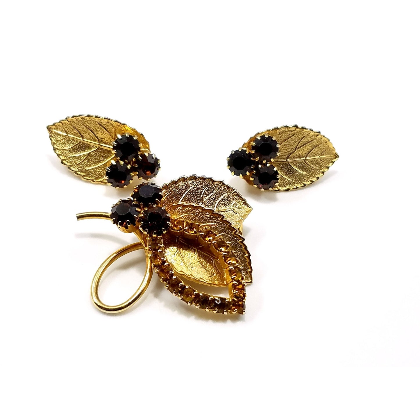 Vintage Judy Lee Gold Leaf Brooch & Earrings Set Topaz Rhinestones 1950s