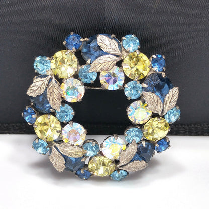 Vintage 1950s Crystal Rhinestone Wreath Brooch – Blue, Yellow, Aurora Borealis – Regency Style