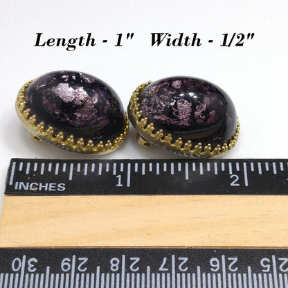 Vintage Carnegie Purple Silver Foil Glass Clip Earrings, Domed Glass, 1950s