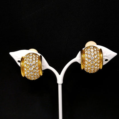 Swarovski Clear Pave Wide Hoop Earrings, Gold Plated Clips, 1990s Vintage Jewelry