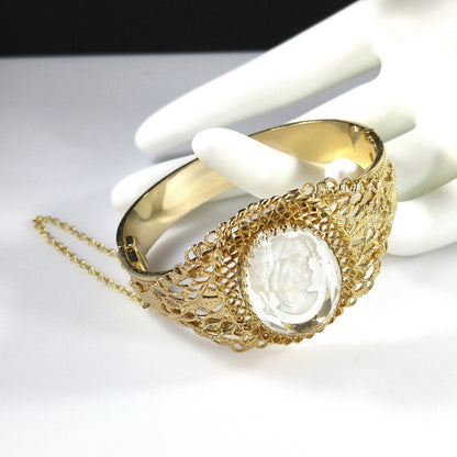Whiting & Davis Cameo Intaglio Hinged Bracelet, Gold Plated, 1960s Vintage Jewelry
