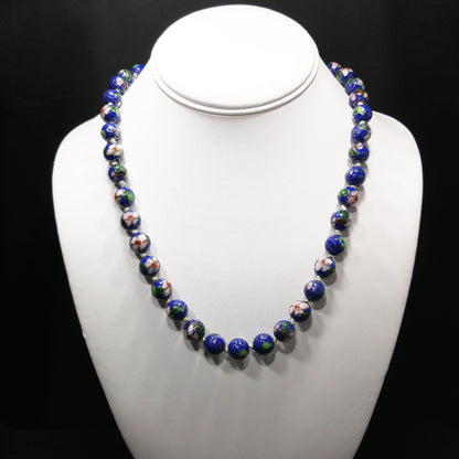 Cloisonne Blue Beaded Necklace, Floral Hand Painted Beads, 1960s Vintage Jewelry