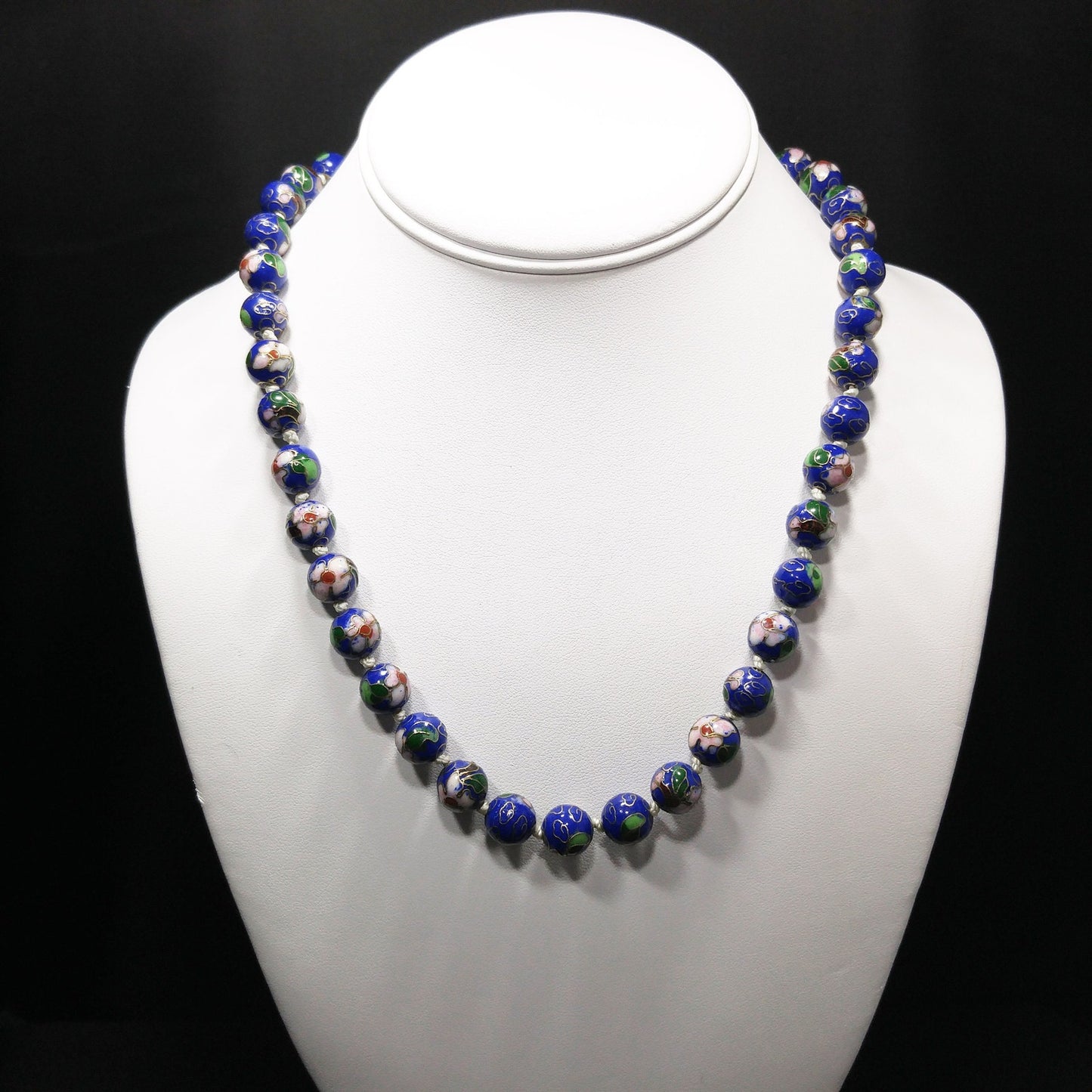 Vintage 1960s Chinese Cloisonné Blue Floral Bead Necklace 20" Hand Knotted