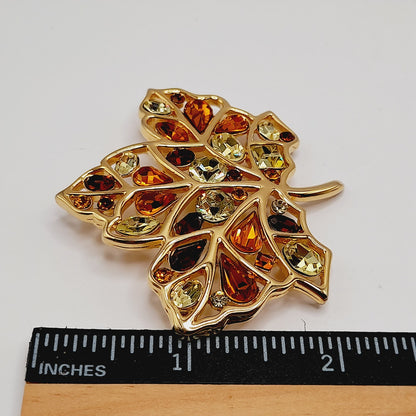 Vintage Nolan Miller Maple Leaf Brooch Gold Plated Rhinestone Glamour Collection 2 3/8"