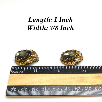 West Germany Gray Green Clip Earrings, Clear Glass & Faux Pearls, 1950s Vintage Jewelry