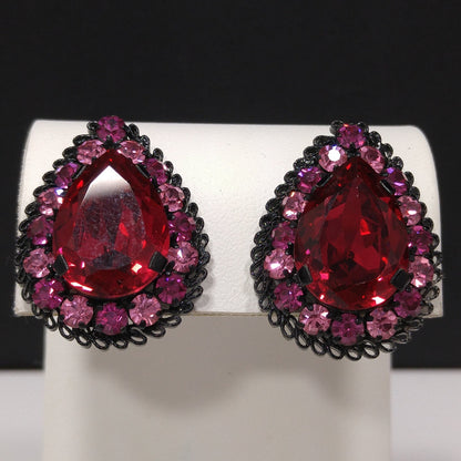 Made in Austria Red Pink Rhinestone Earrings, Japanned Black Metal, 1960s Vintage