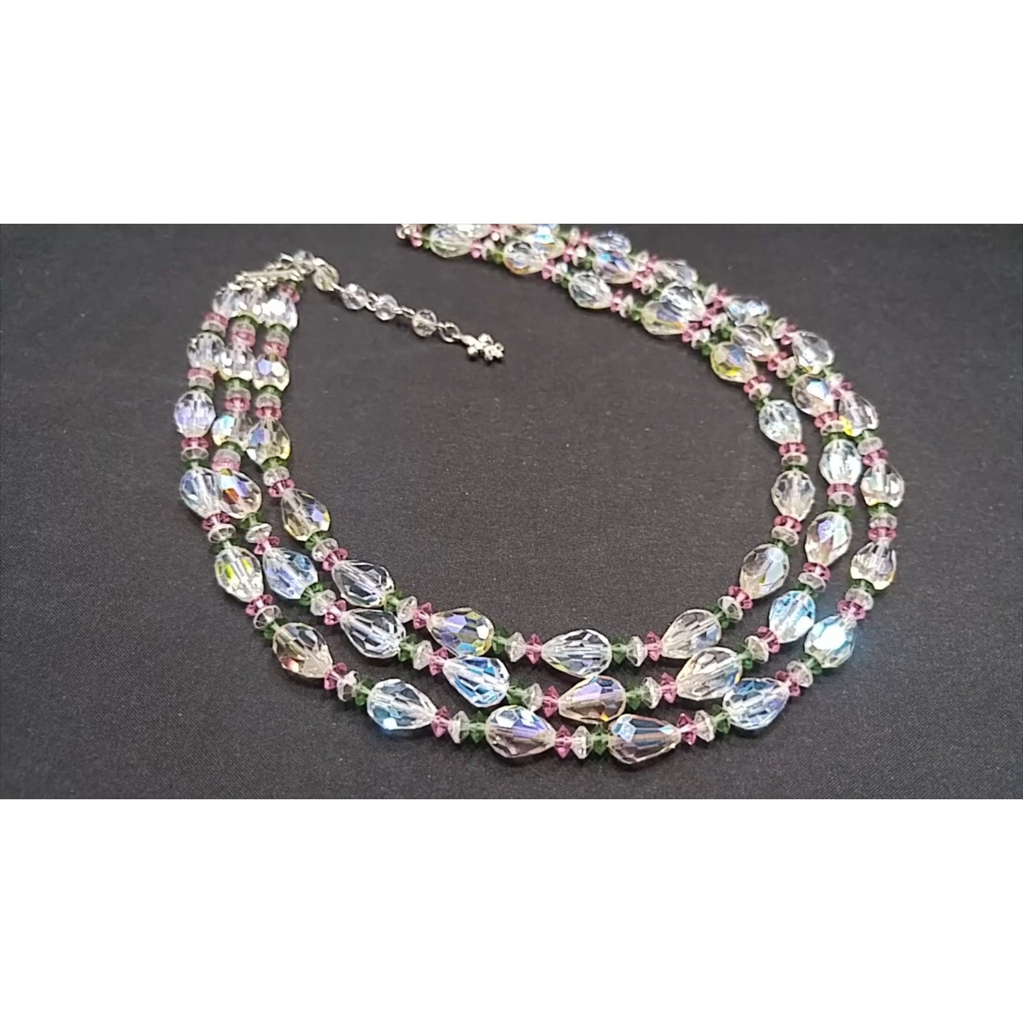 Vendome Triple Strand AB Crystal Necklace Pastel Pink Green Beads Vintage 1950s