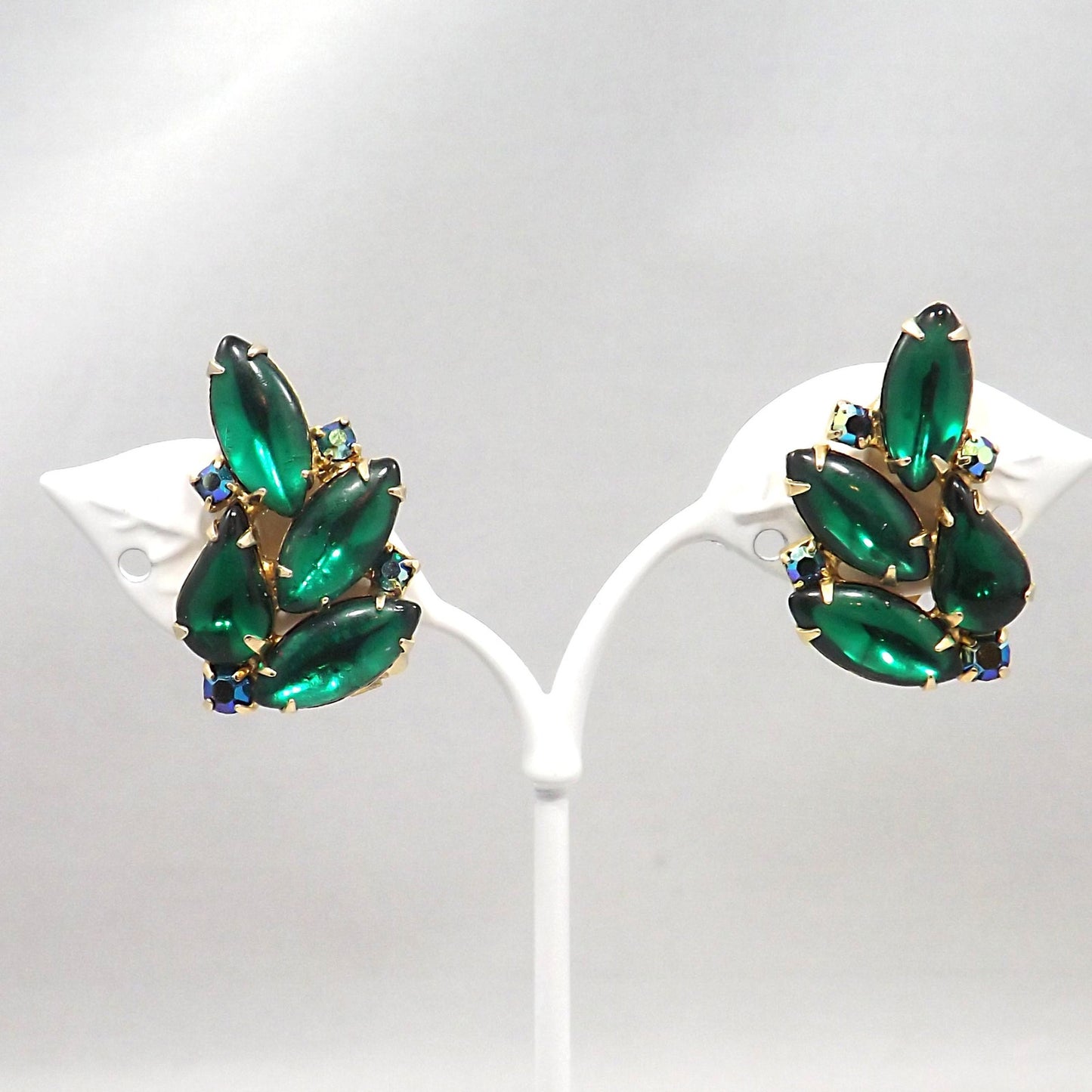 Vintage WEISS Green Clip Earrings, Gold Plated Green AB Rhinestones, 1960s
