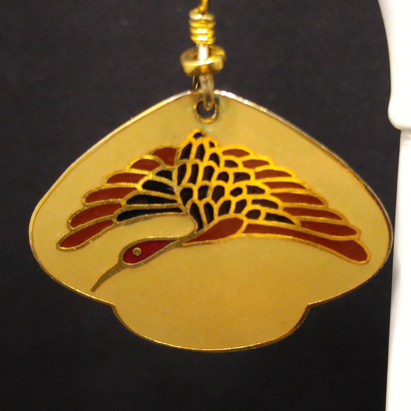 Vintage Laurel Burch Crane Bird Earrings, Gold Plated, Enamel Tan Dark Red Black