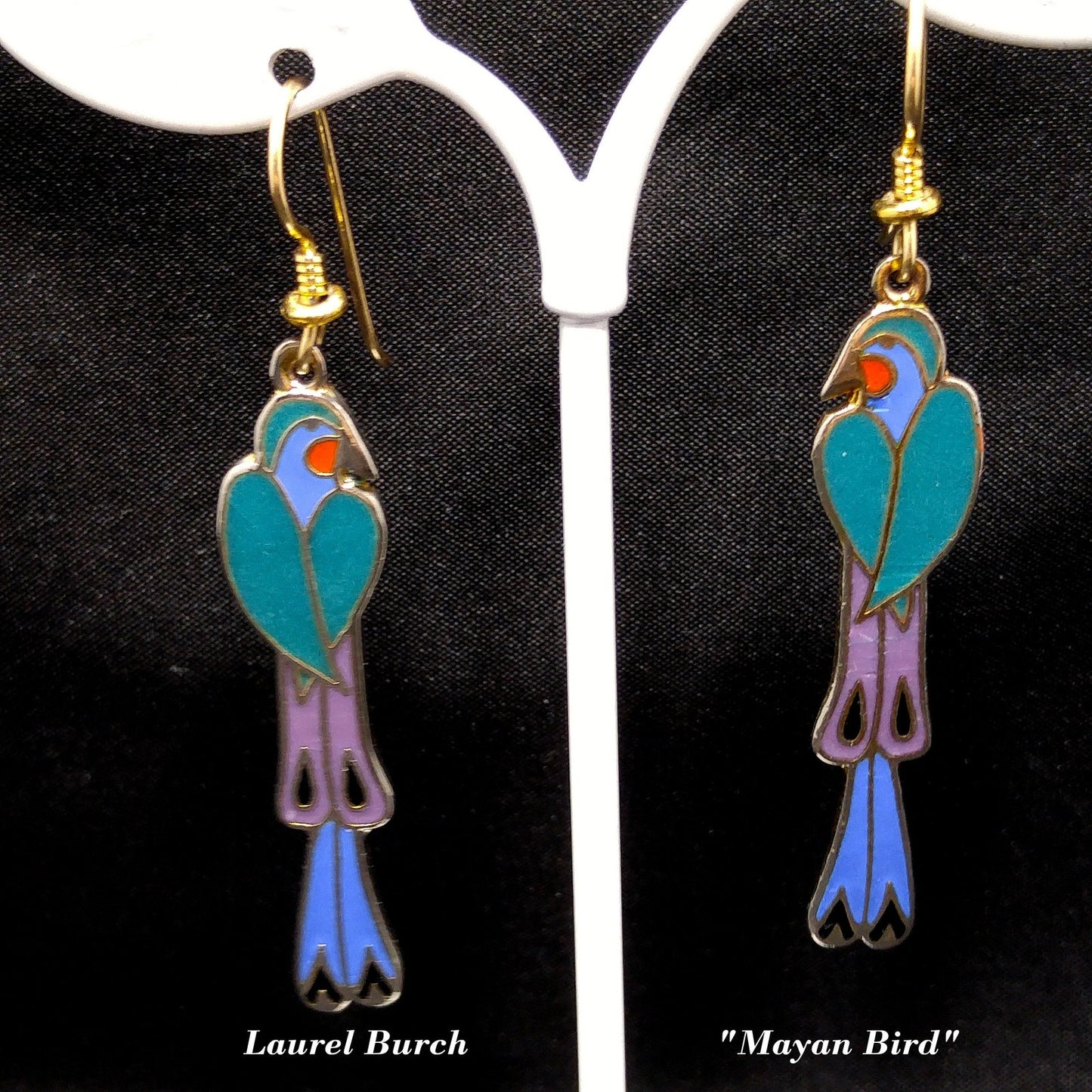Laurel Burch "Mayan Bird" Long Earrings, Cloisonne & Enamel, 1980s Vintage
