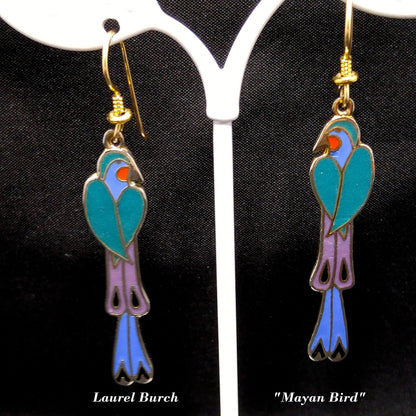 Laurel Burch "Mayan Bird" Long Earrings, Cloisonne & Enamel, 1980s Vintage