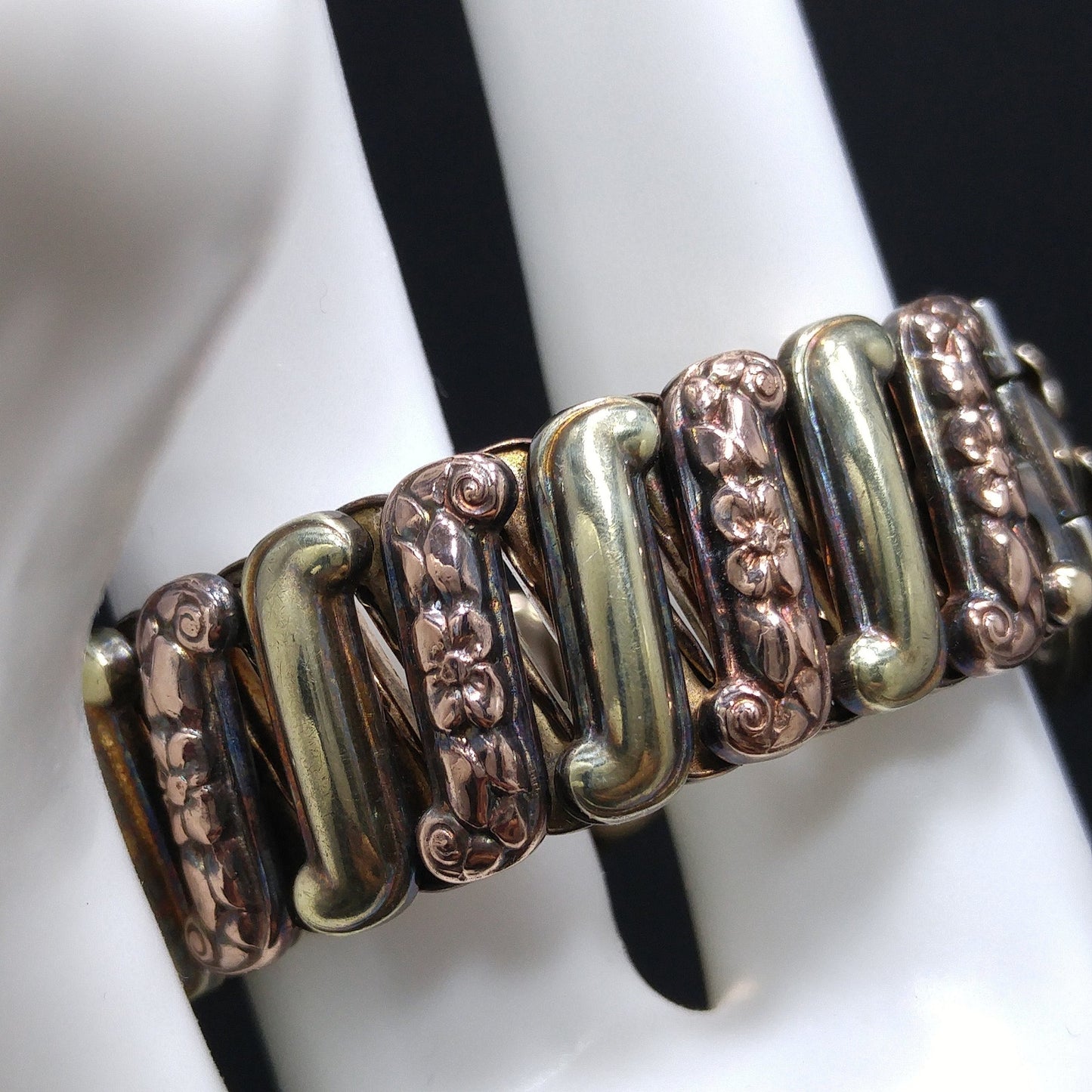 Antique Lustern Expansion Bracelet, 12KGF Sterling, Orange Rhinestone, 1920s Vintage Jewelry