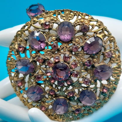 Vintage 1930s Purple Glass Brooch Pendant, Pot Metal, 3 1/2 Inches