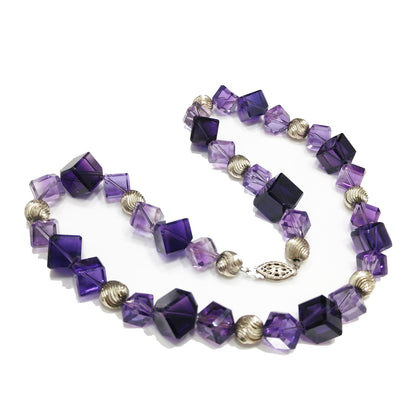 Vintage Amethyst Cube Bead Necklace – Light & Dark Purple Gemstones – 1990s